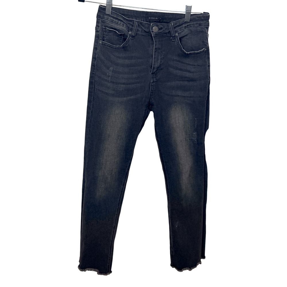 Risen Jeans Skinny Denim Womens 7/28 Black Raw Hem RDP1085 High Rise Wash